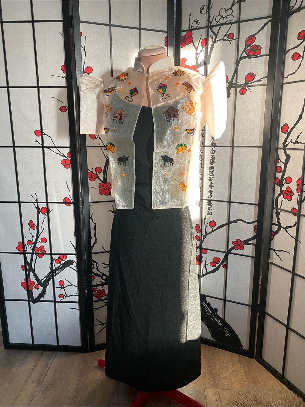 Black Maxi Dress with Ivory Embroidered Filipiniana Bahay Kubo Bolero Design
